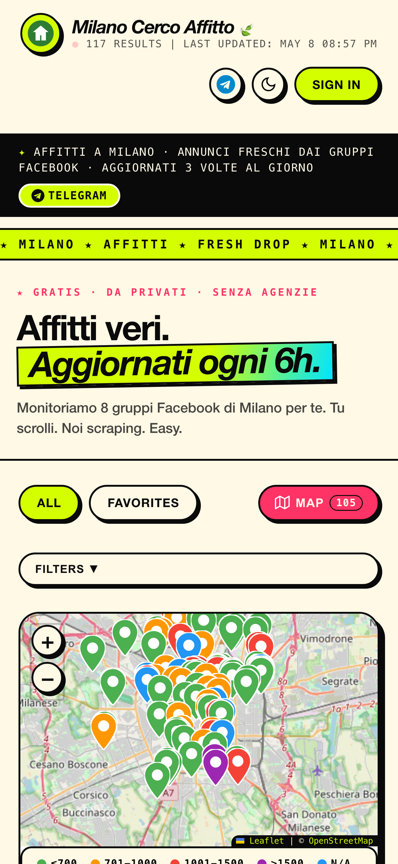 Milano Cerco Affitto iOS app — listings view with live counter, search filters, and Milan map