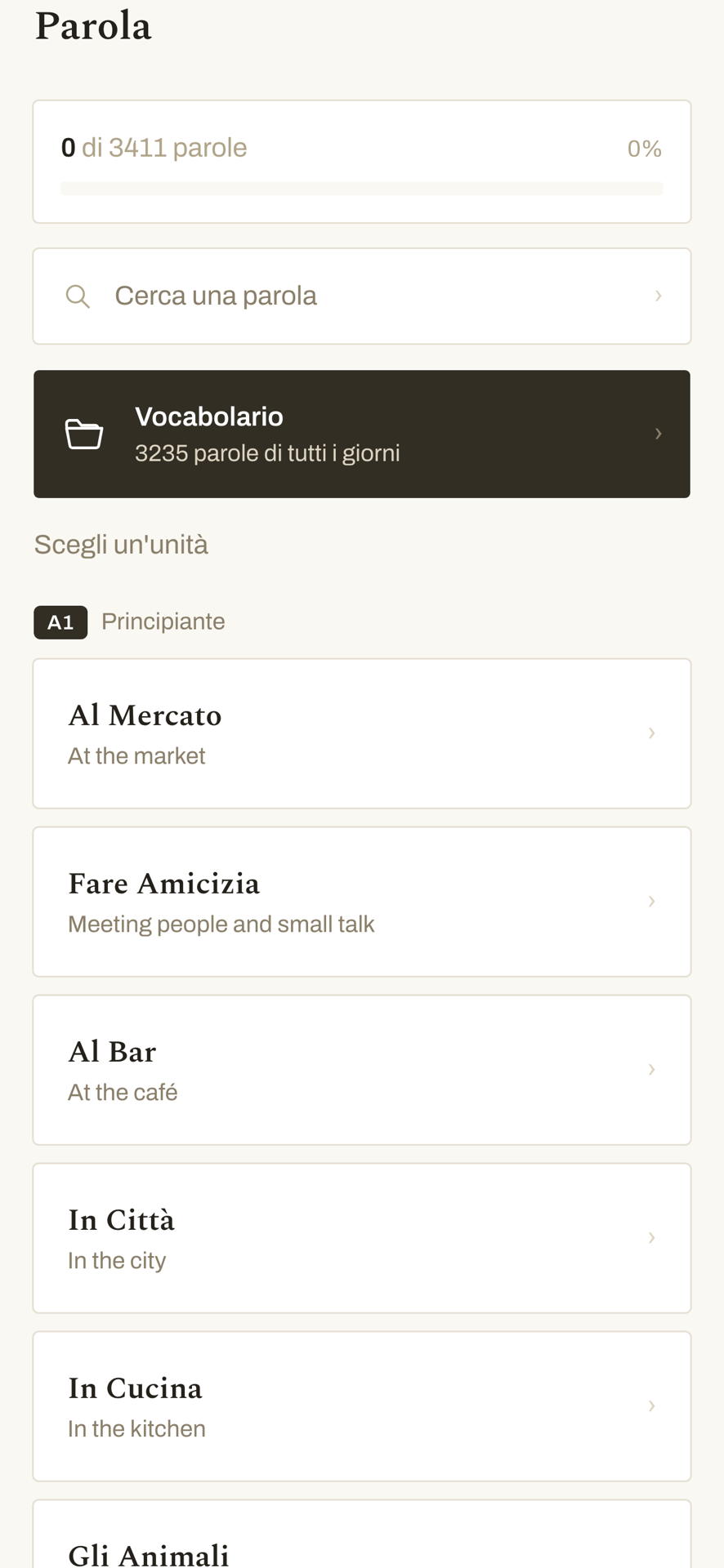 Parola app — word progress, search, and A1 units such as Al Mercato and Al Bar
