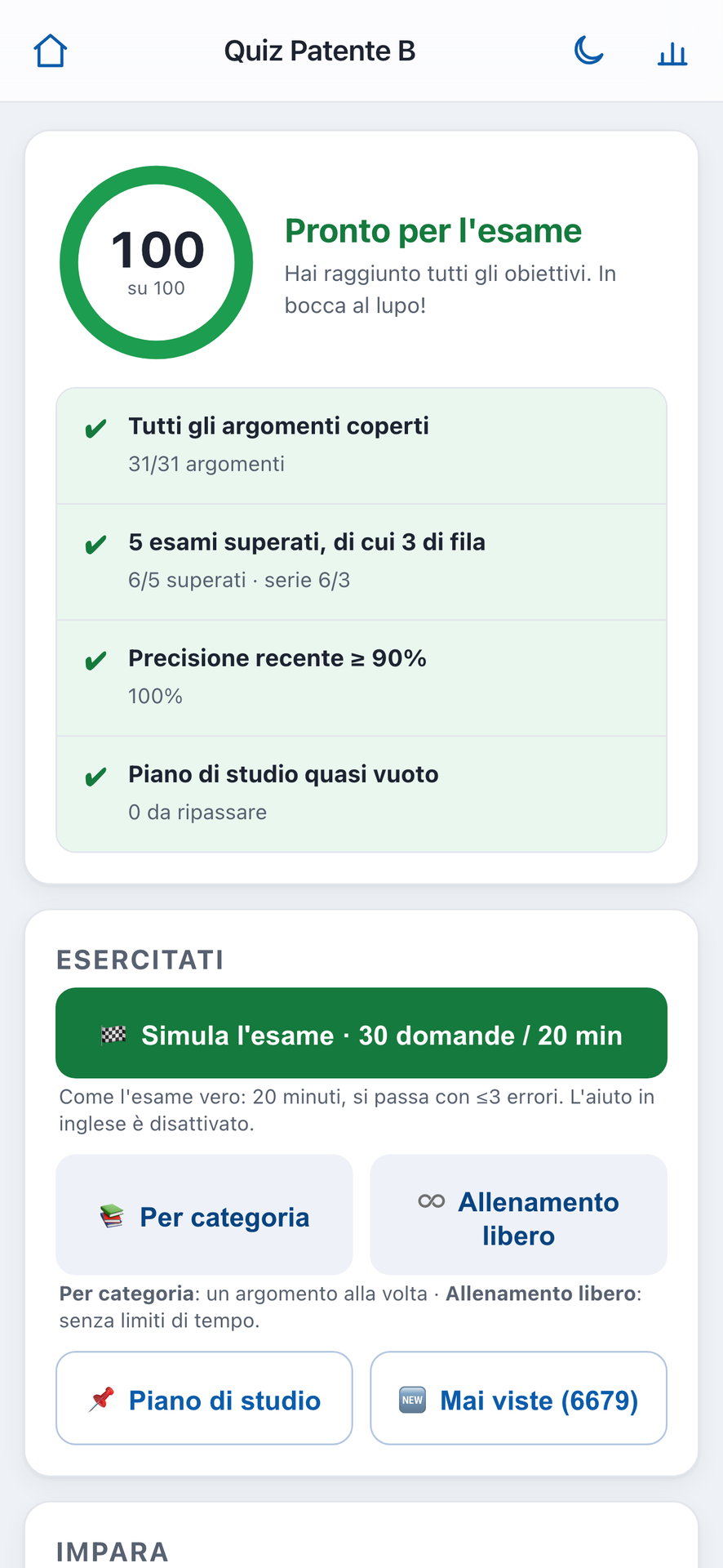 Quiz Patente B app — readiness score of 100 out of 100 with all study goals met